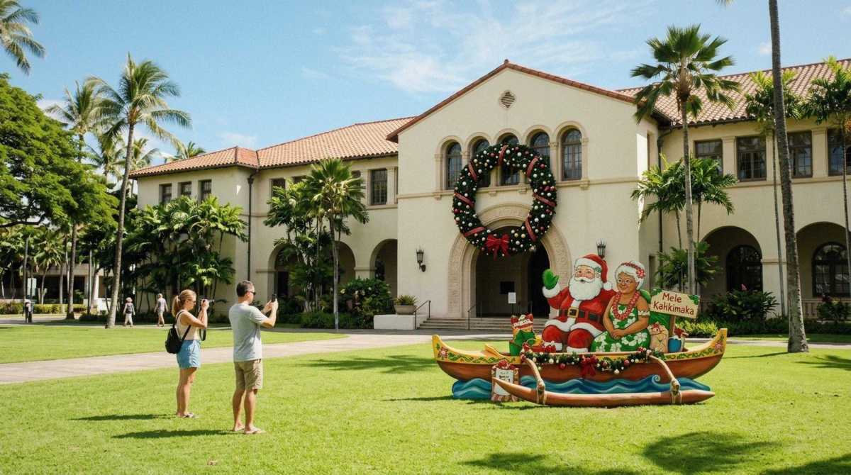 Honolulu Hale glowing with the Honolulu City Lights holiday display, a free downtown stop near where several Honolulu city tours operate in December