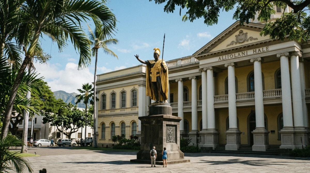 The gilded King Kamehameha statue in downtown Honolulu, the history-first case for staying downtown instead of Waikiki on a Honolulu city tour trip
