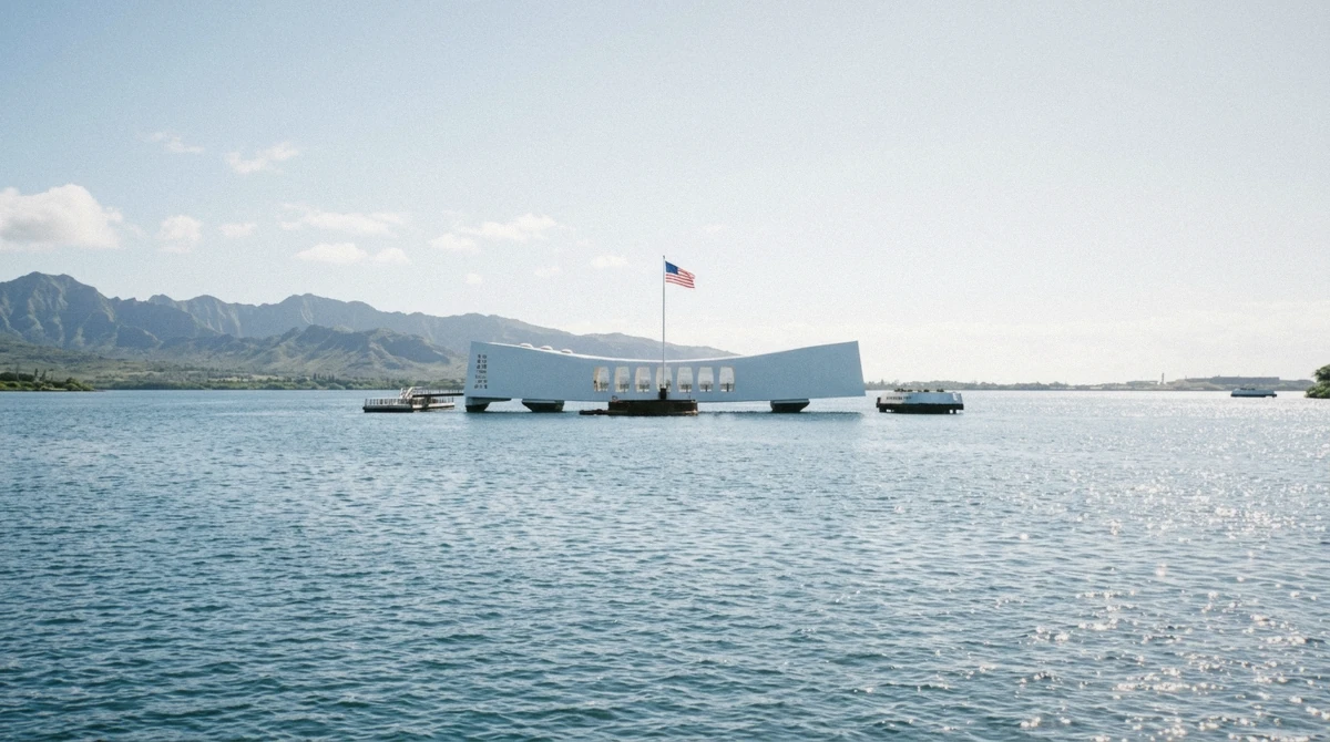 The USS Arizona Memorial across calm Pearl Harbor water, the low-walking highlight of the senior-friendly Honolulu city tour