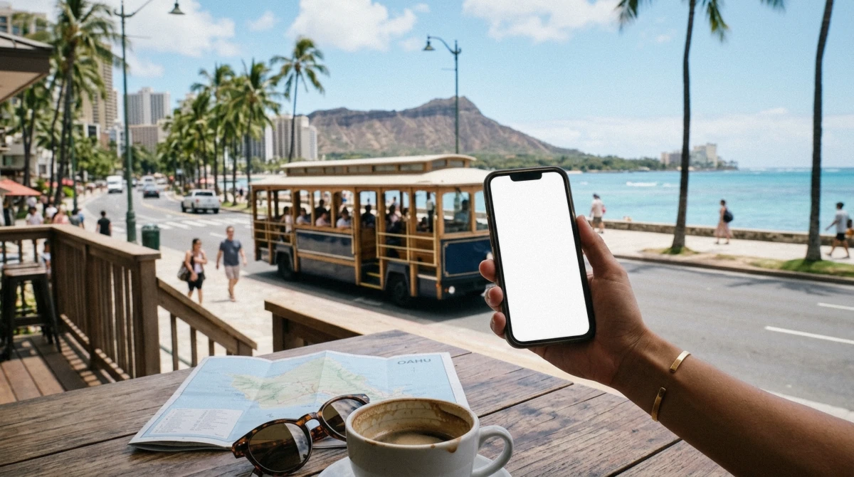A tour desk pricing board showing Honolulu tour cost options for visitors in Waikiki, Oahu, Hawaii